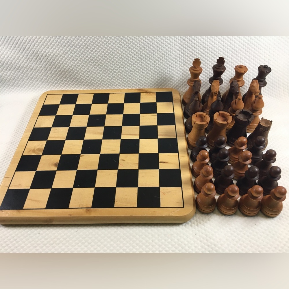 Classic Wooden Chess Black and Natural Vintage Large Piece Set Complete Board